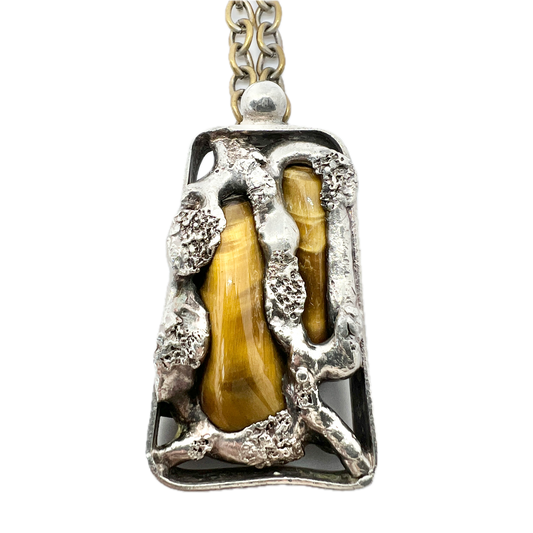 Wiggers, Denmark 1974 Vintage Brutalist Silver-Plate Tiger's Eye Pendant Necklace.