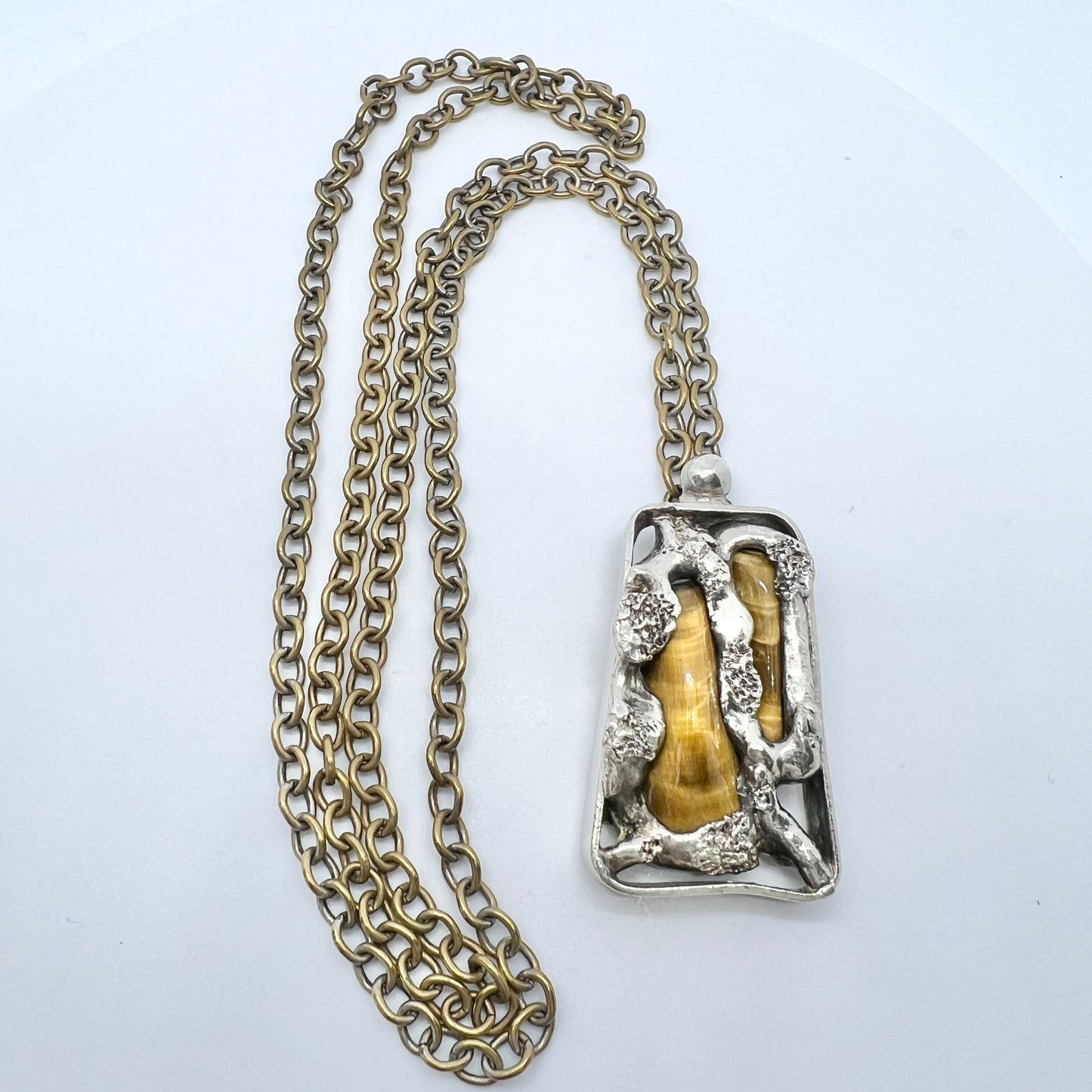 Wiggers, Denmark 1974 Vintage Brutalist Silver-Plate Tiger's Eye Pendant Necklace.