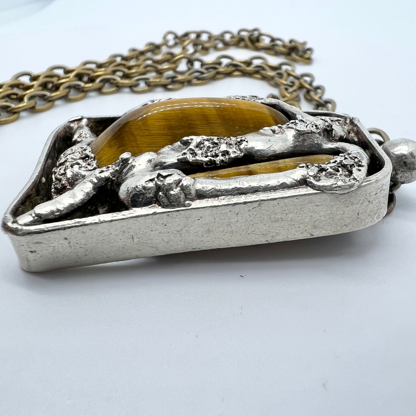 Wiggers, Denmark 1974 Vintage Brutalist Silver-Plate Tiger's Eye Pendant Necklace.