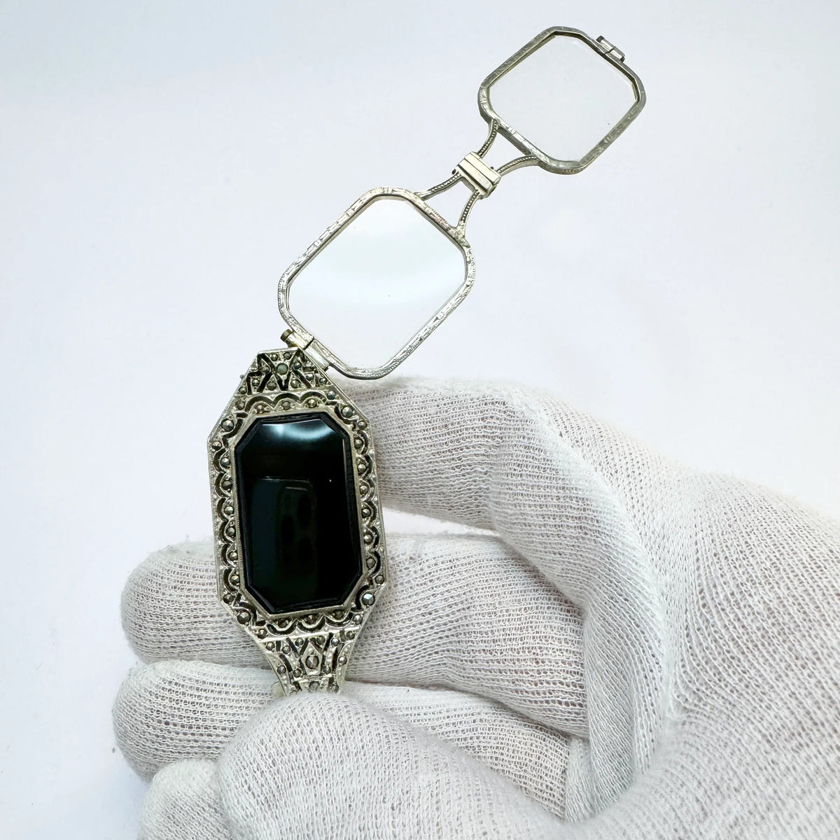 Art Deco c 1930. Solid 830 Silver Onyx Marcasite Lorgnette Pendant.