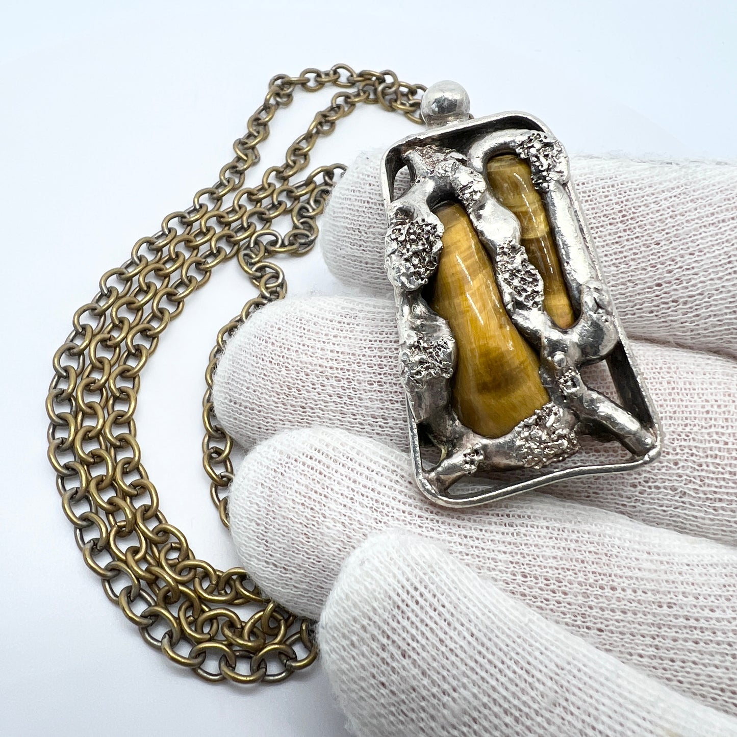 Wiggers, Denmark 1974 Vintage Brutalist Silver-Plate Tiger's Eye Pendant Necklace.