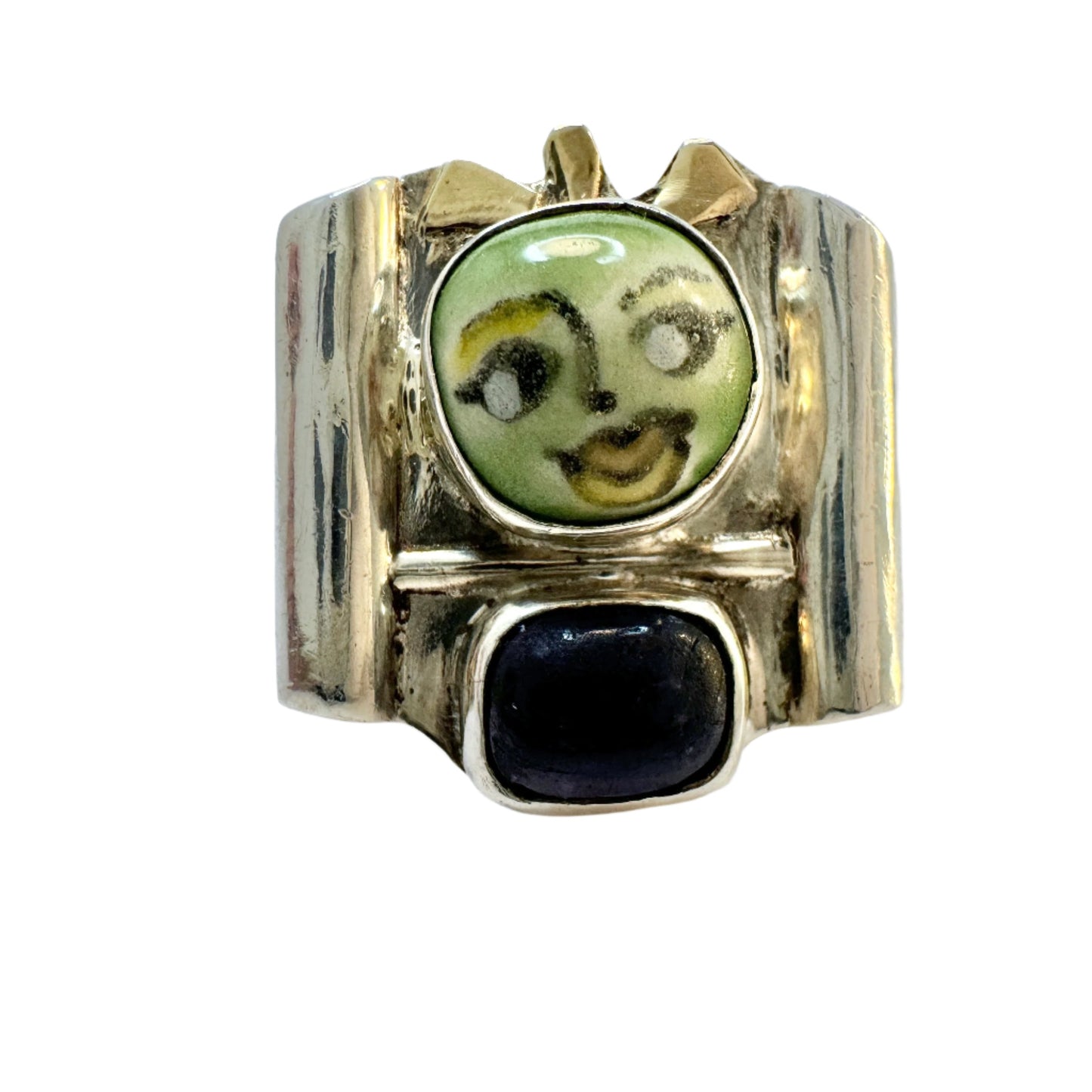 Vintage Artisan Sterling Silver Hardstone Painted Face Ring.