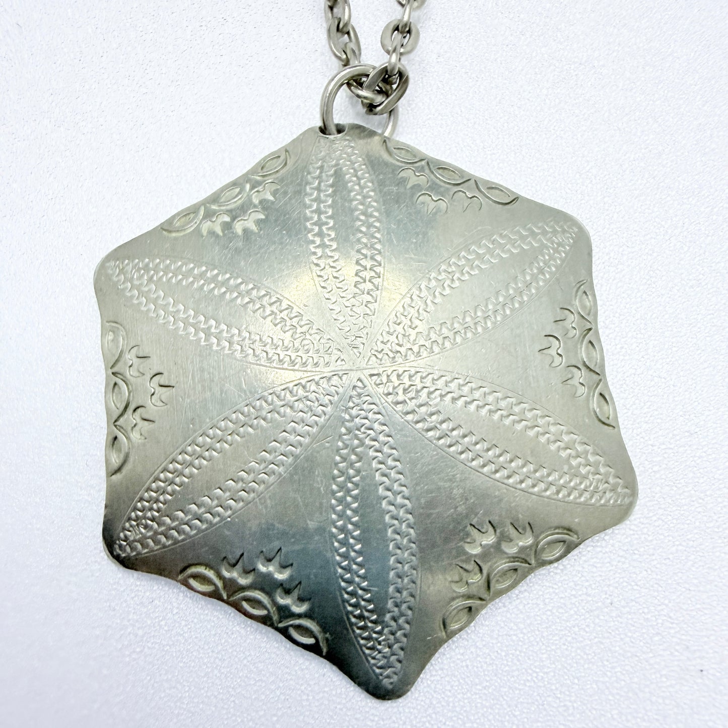 Vintage ca 1950 Traditional North Scandinavia Pewter Pendant Necklace. Signed.