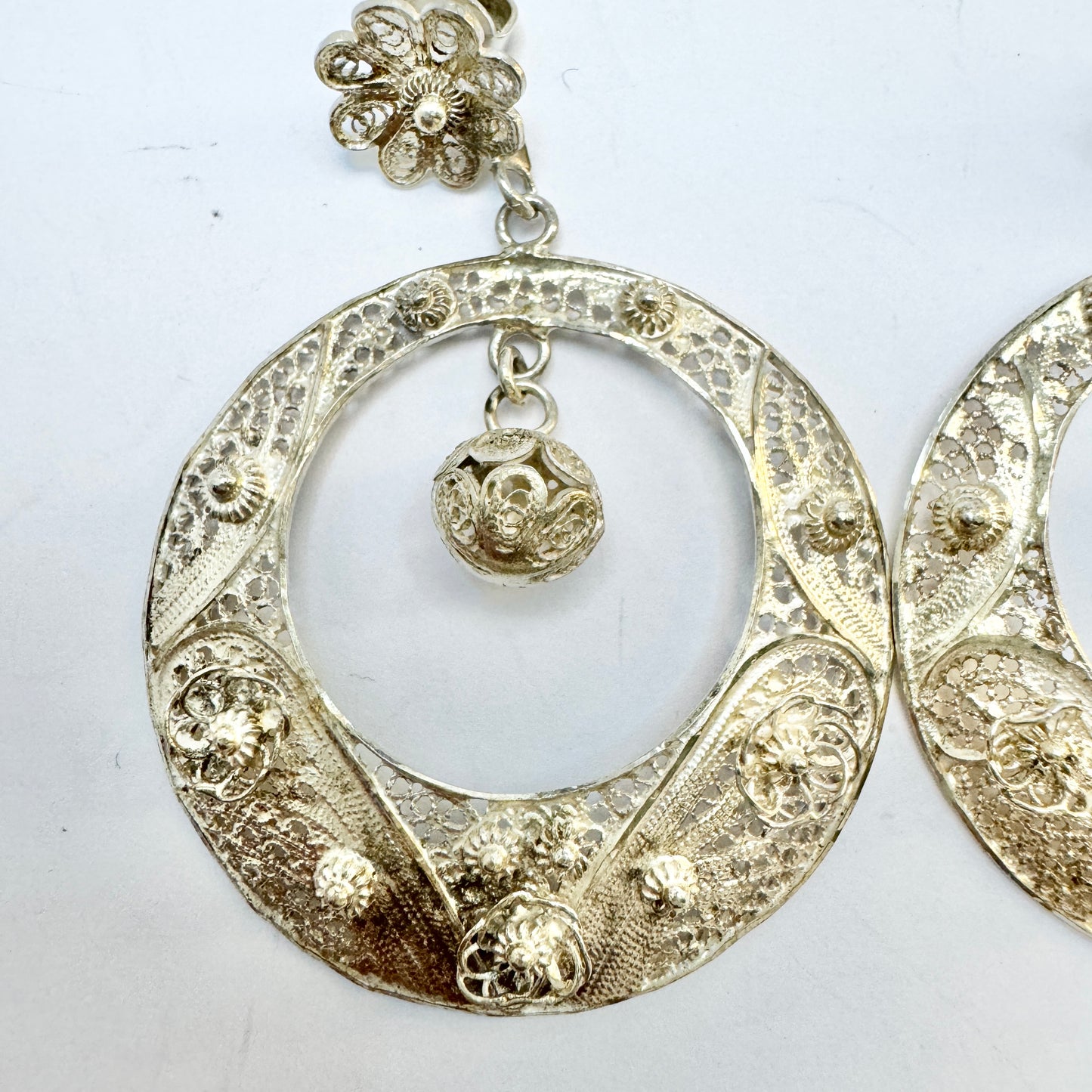 Vintage Large Solid Filigree Silver Earrings.