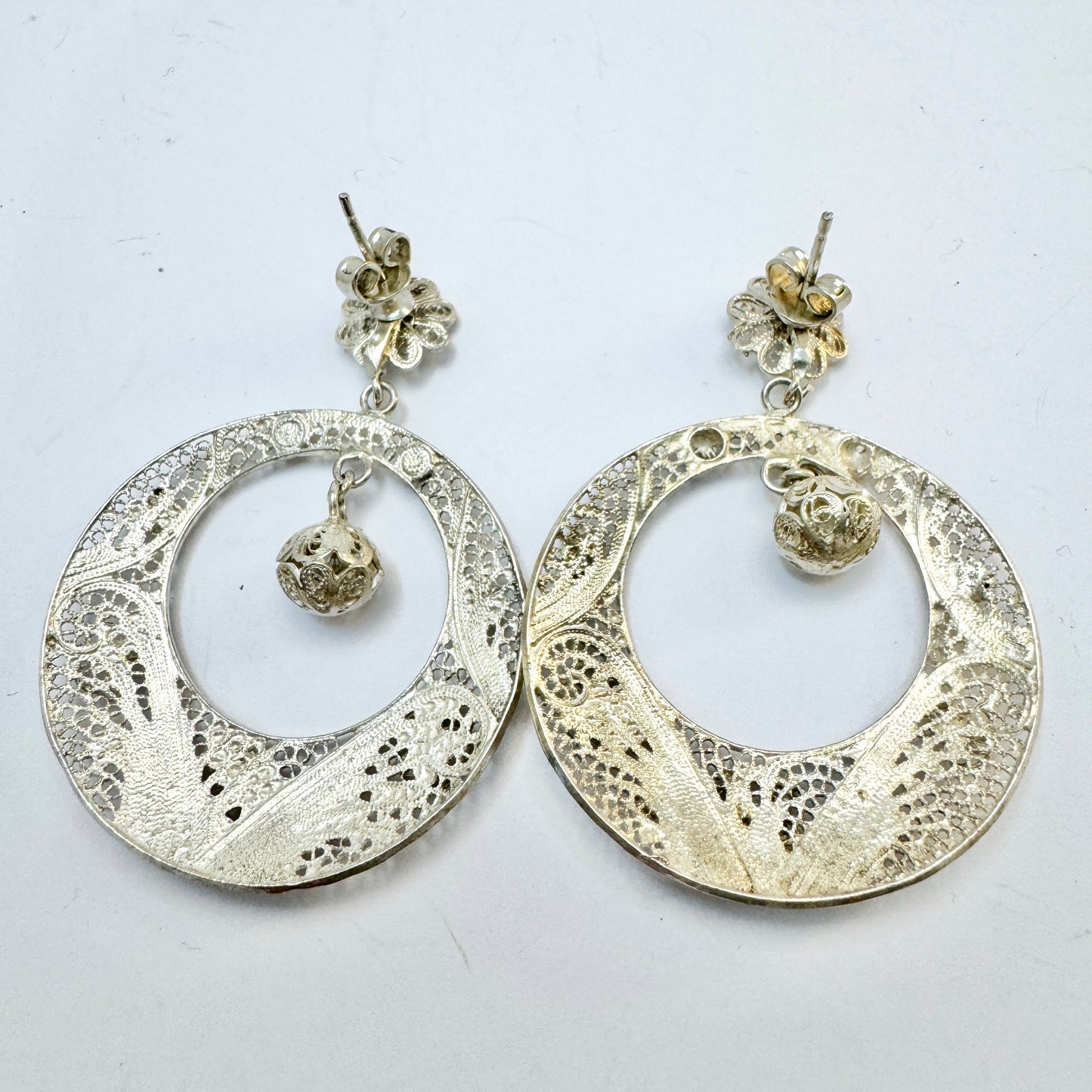 Vintage Large Solid Filigree Silver Earrings.