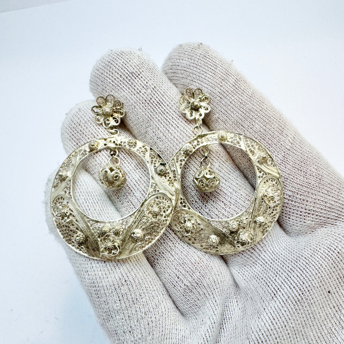 Vintage Large Solid Filigree Silver Earrings.