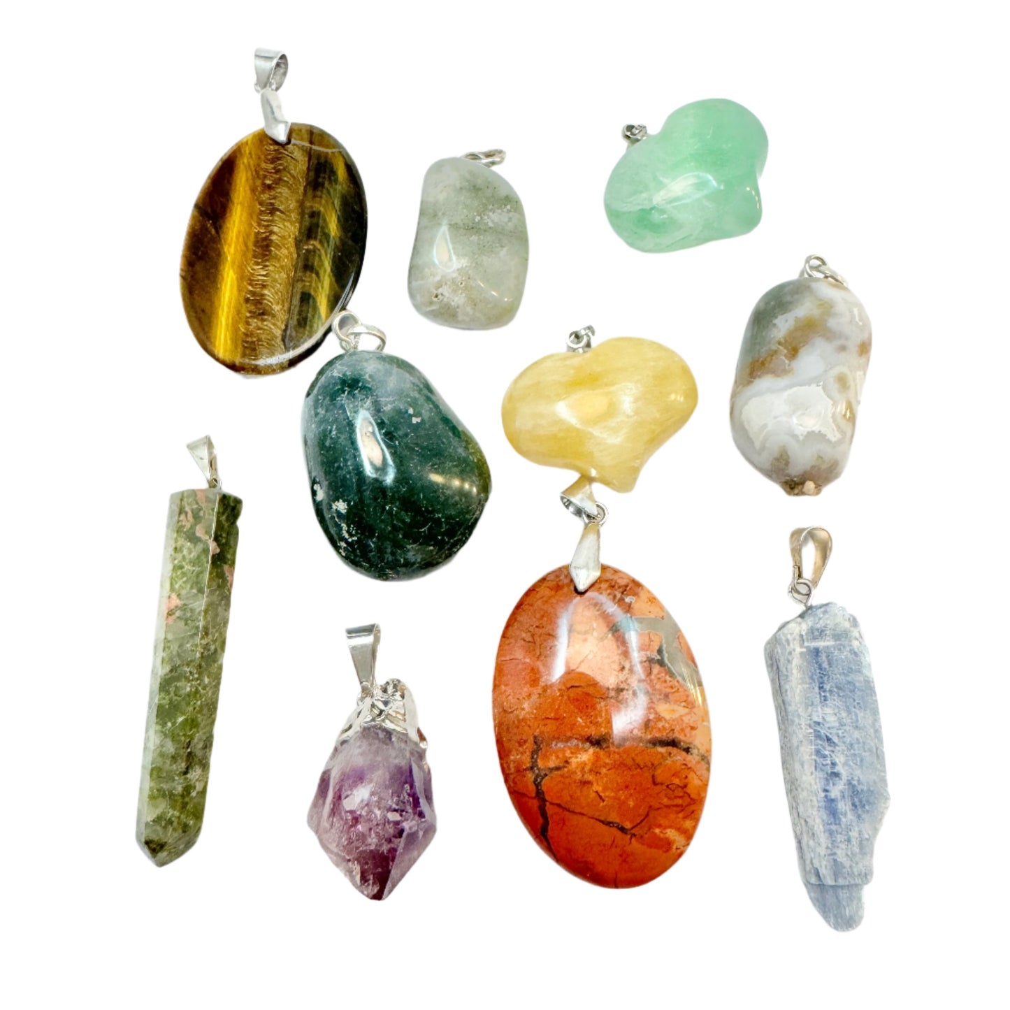 Job-lot Pendants. Agate Flourite Tiger's Eye Calcite Kyanite Unakite Jaspis Amethyst Quartz.