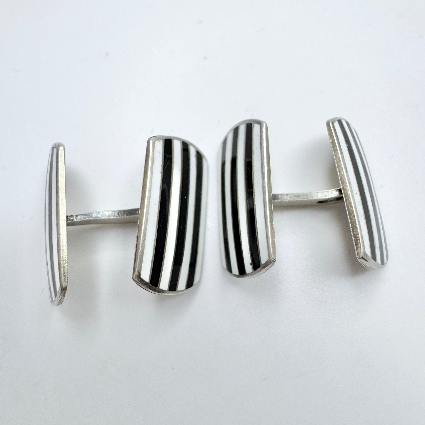 Hans Myhre, Norway c 1950s. Vintage Sterling Silver Black and White Striped Enamel Cufflinks