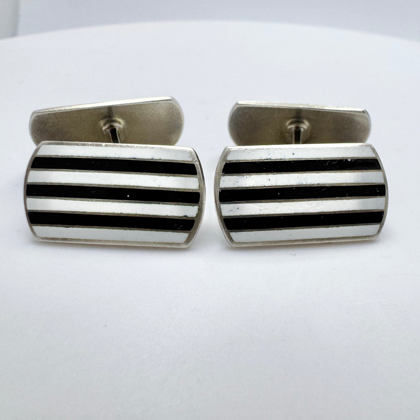 Hans Myhre, Norway c 1950s. Vintage Sterling Silver Black and White Striped Enamel Cufflinks
