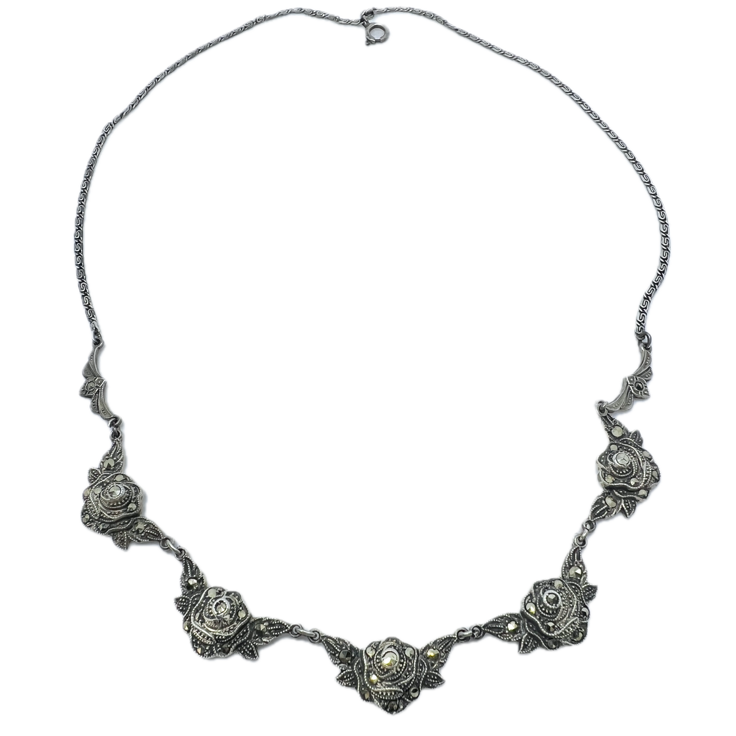 Sweden 1940s Vintage Solid Silver Marcasite Flower Necklace