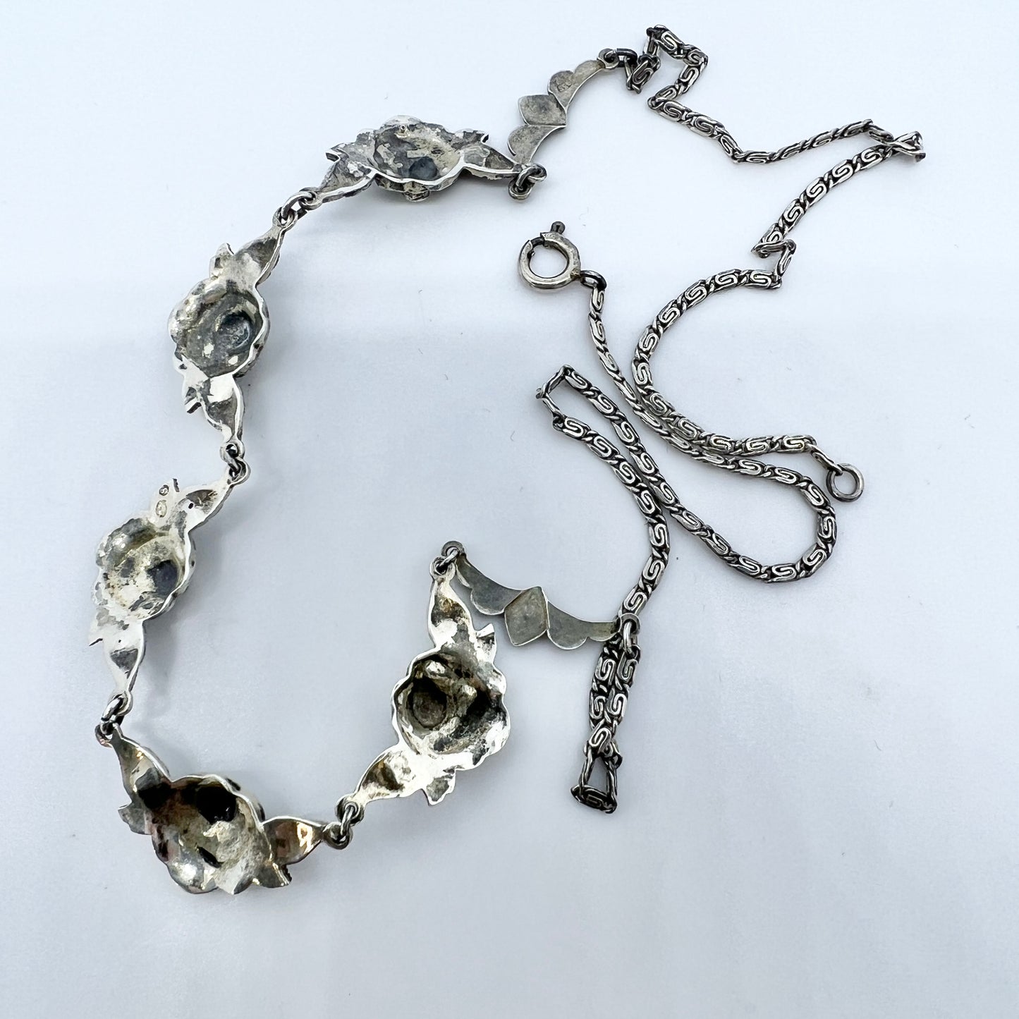 Sweden 1940s Vintage Solid Silver Marcasite Flower Necklace