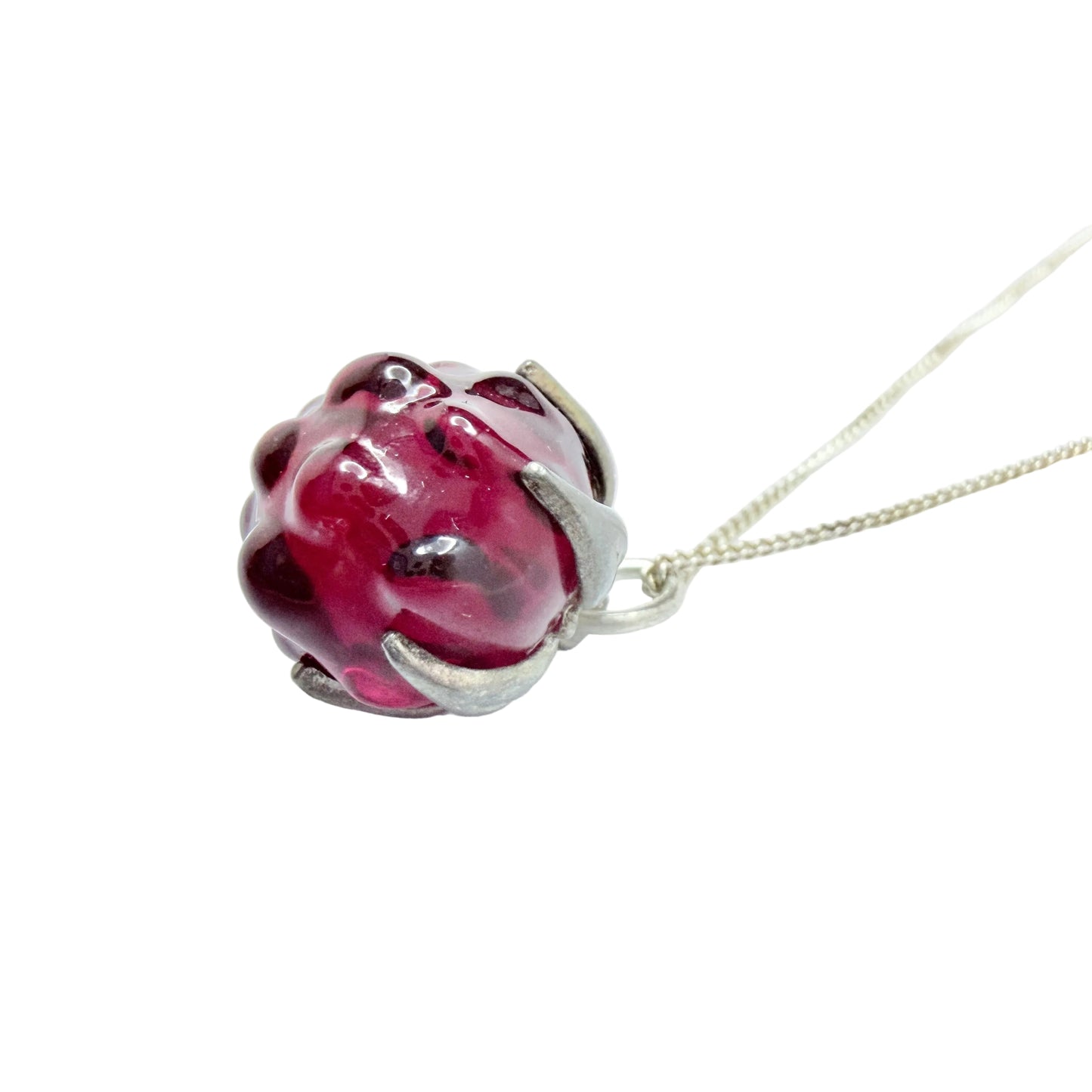 Gunnar Muskos. Sweden. Vintage Sterling Silver Glass Arctic Raspberry Pendant Necklace.
