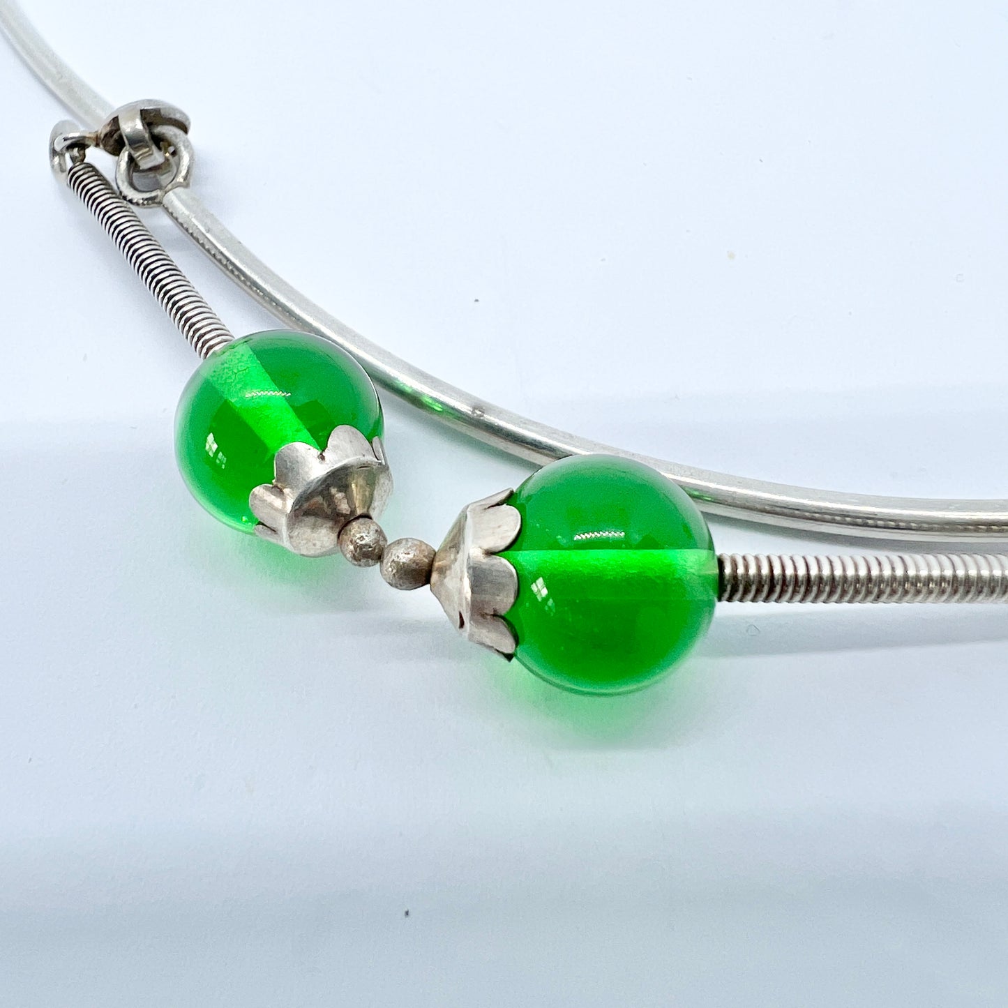 Sweden, year 1960 Vintage Sterling Silver Green Glass Necklace.