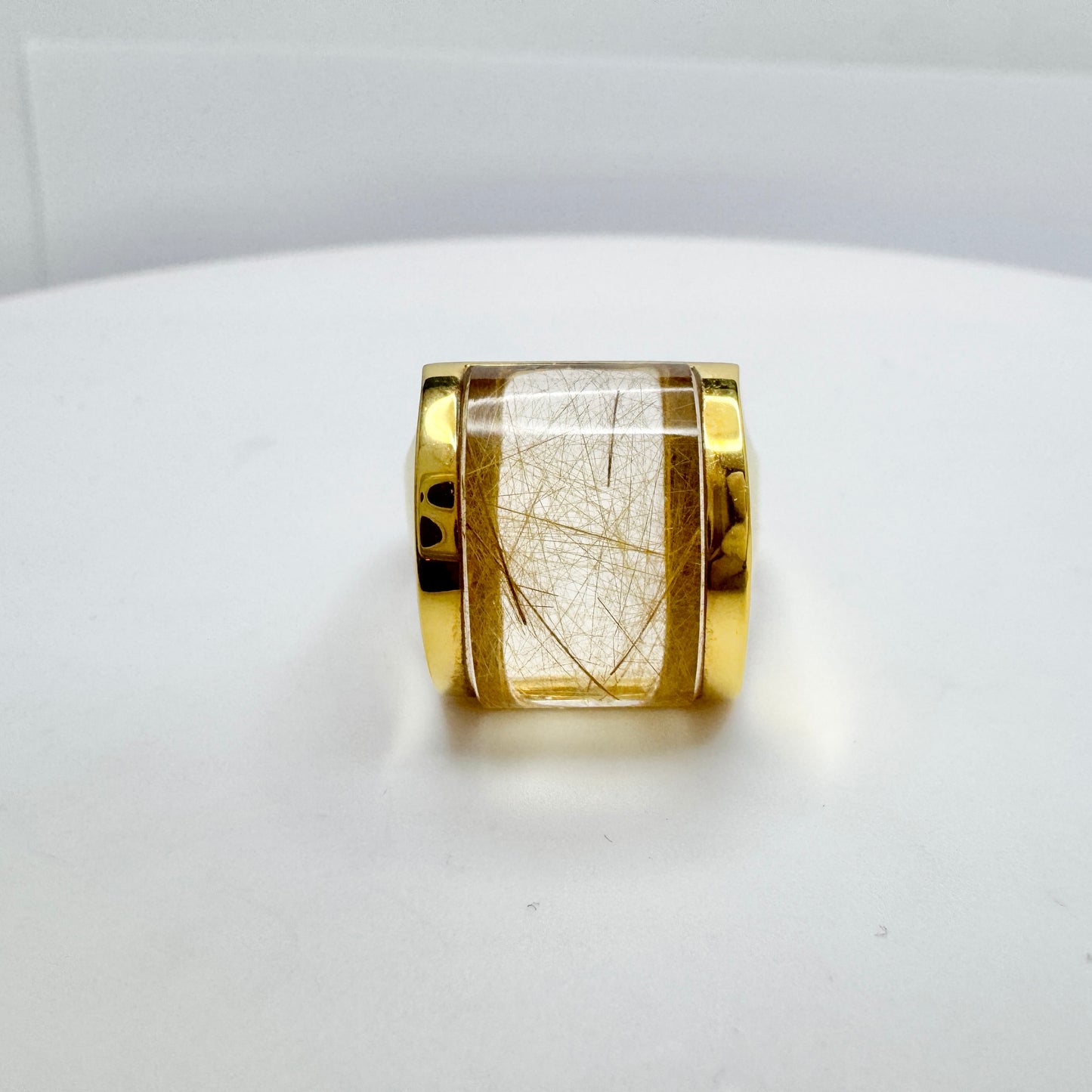 Sweden. Chunky 18k Gold Rutilated Quartz Ring. Mint.