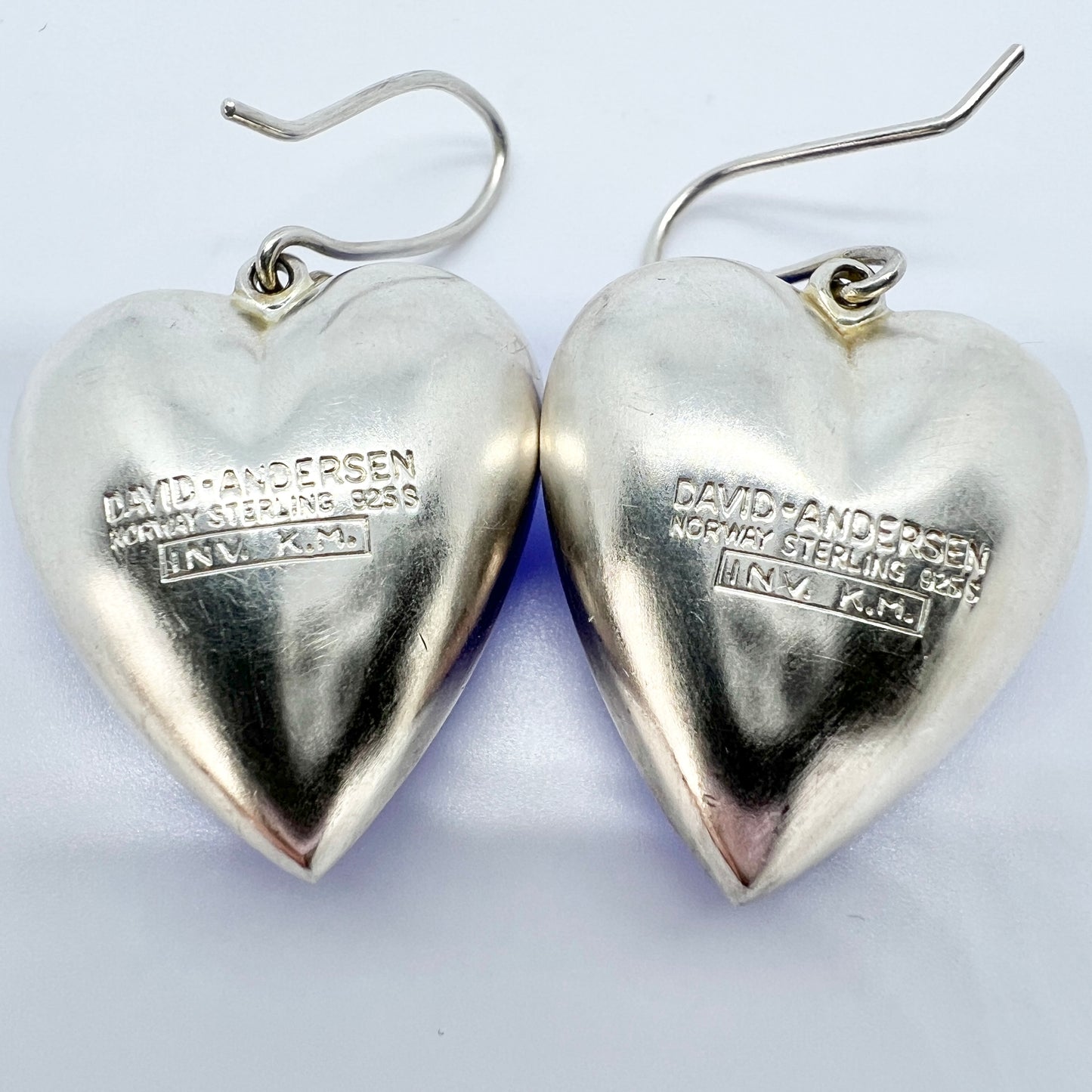 Konrad Mehus, for David-Andersen, Norway. Vintage Large Sterling Silver Enamel Puffy Heart Earrings.