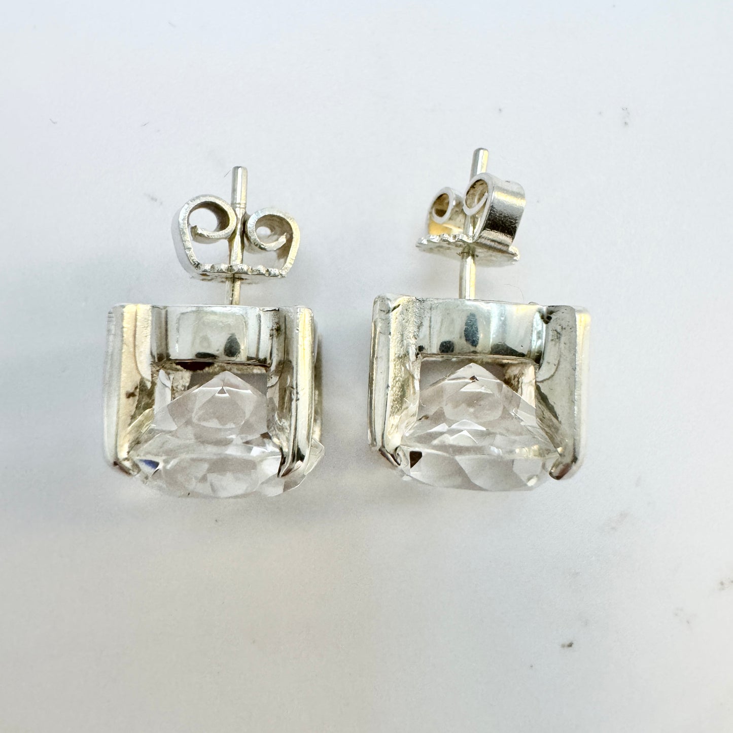 Sweden, Vintage Sterling Silver Rock Crystal Stud Earrings.