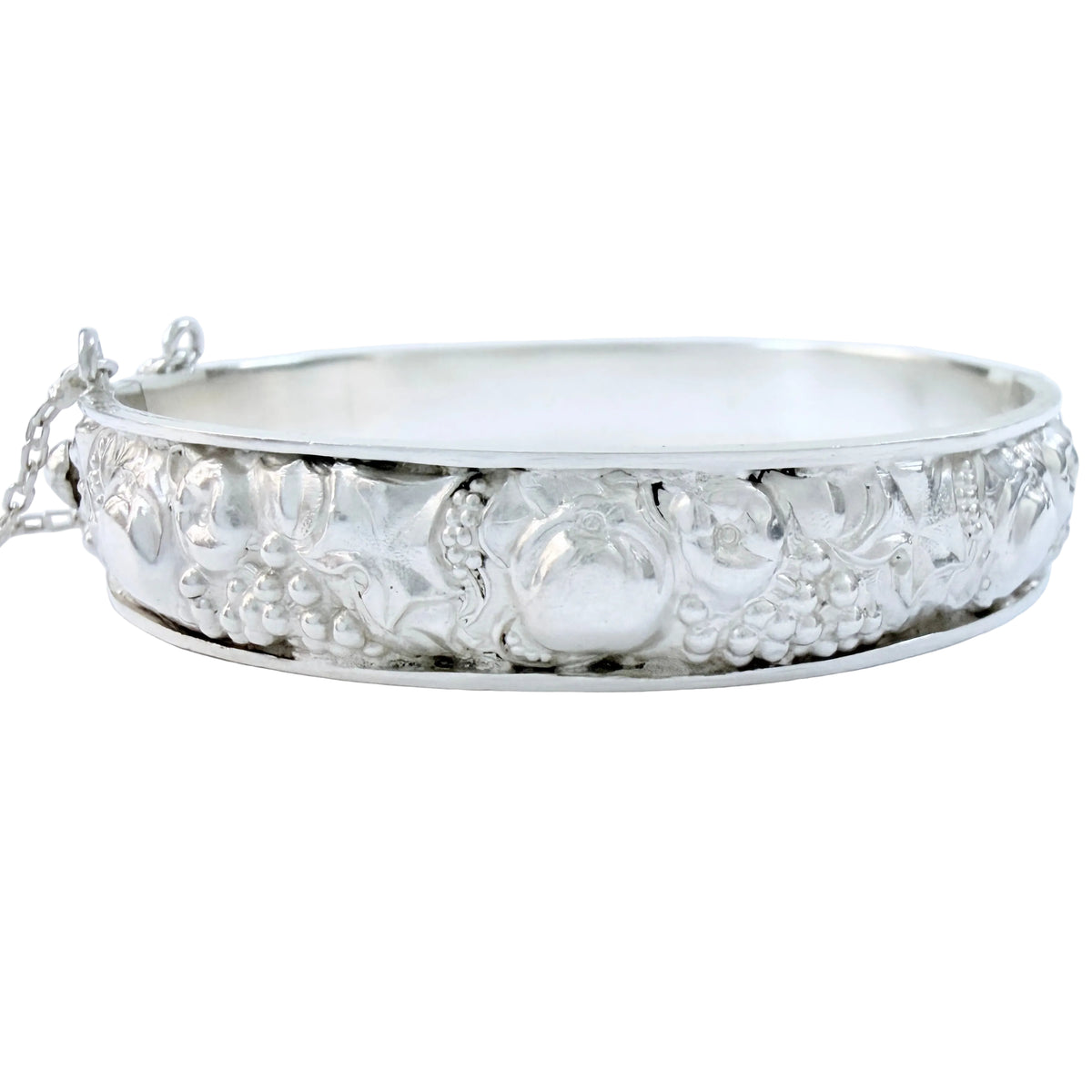 Portugal 1940s. Solid Silver Floral Hinged Bangle Bracelet.