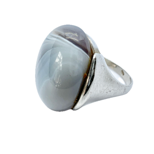 Vintage c 1960s Solid Silver Agate Ring.