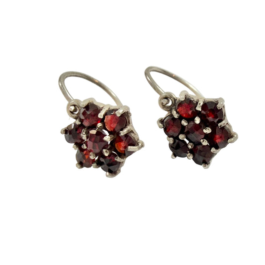 Vintage Mid Century Bohemian Garnet Cluster Sterling Silver Earrings