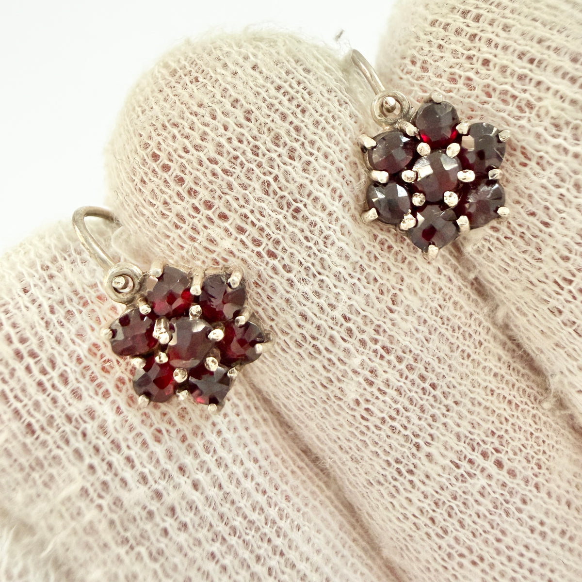 Vintage Mid Century Bohemian Garnet Cluster Sterling Silver Earrings