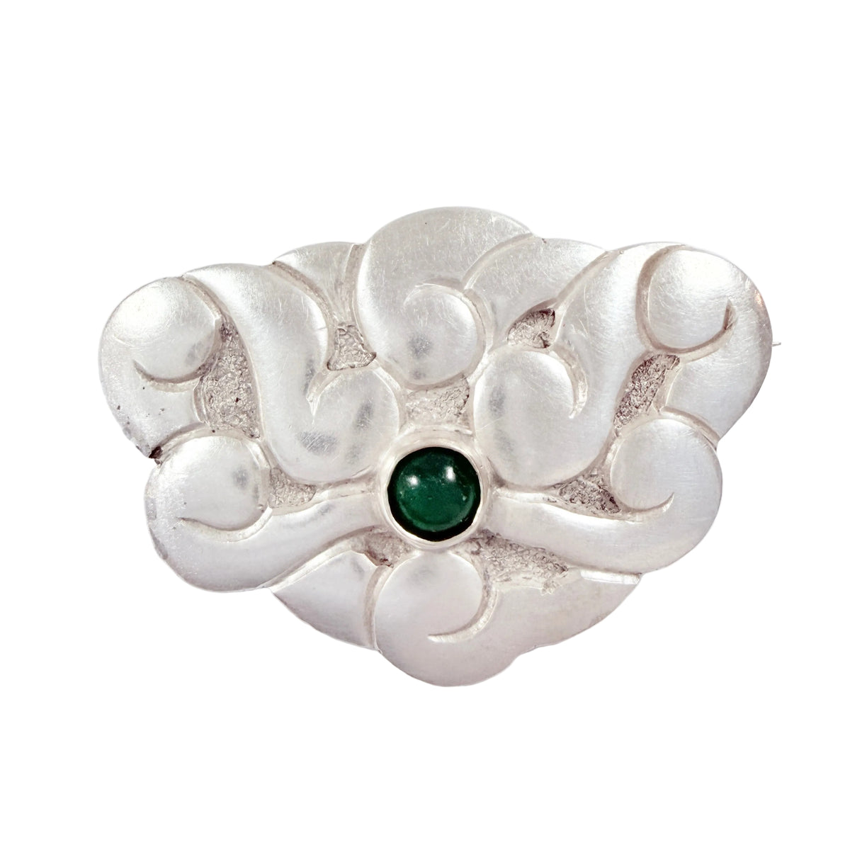 Denmark ca 1920. Antique Art Nouveau Solid Silver Chrysoprase Brooch.