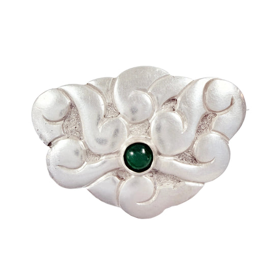 Denmark ca 1920. Antique Art Nouveau Solid Silver Chrysoprase Brooch.