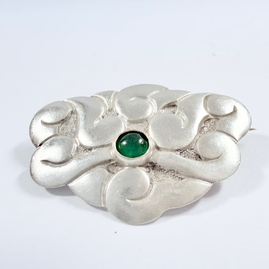 Denmark ca 1920. Antique Art Nouveau Solid Silver Chrysoprase Brooch.