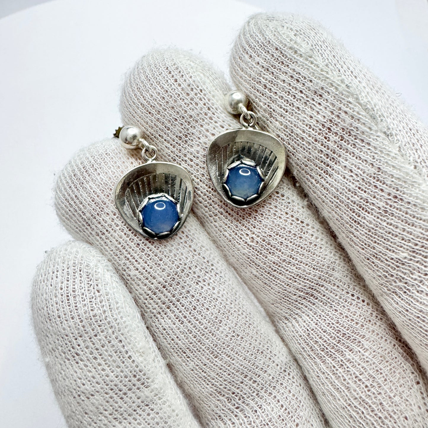 Vintage c 1960. Solid Silver Chalcedony Earrings.