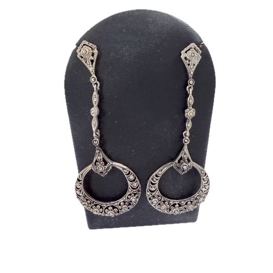 VIntage Art Deco ca 1930. Long Solid Silver Marcasite Dangle Earrings.