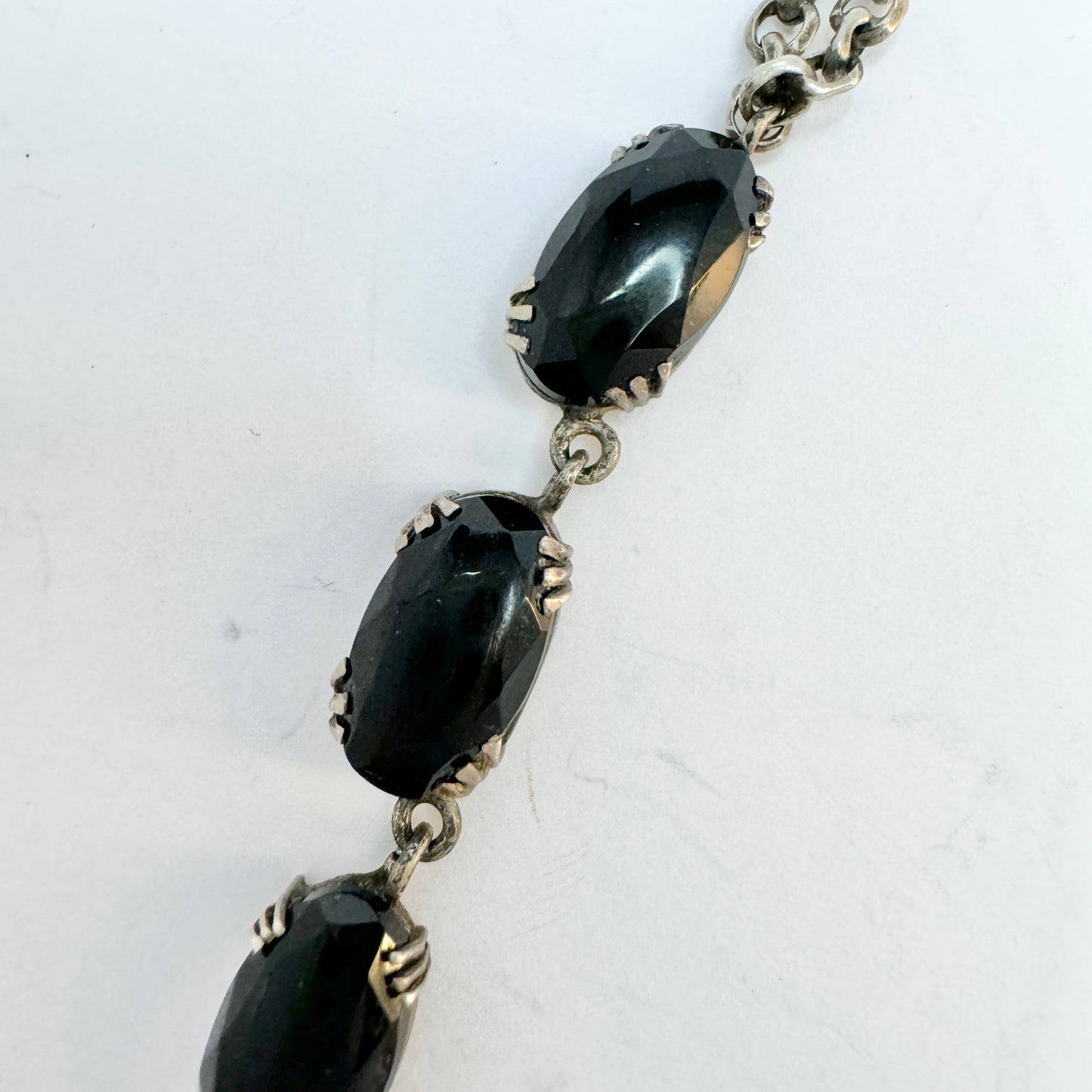 Sweden early 1900s. Antique Solid Silver Onyx Riviera Necklace.