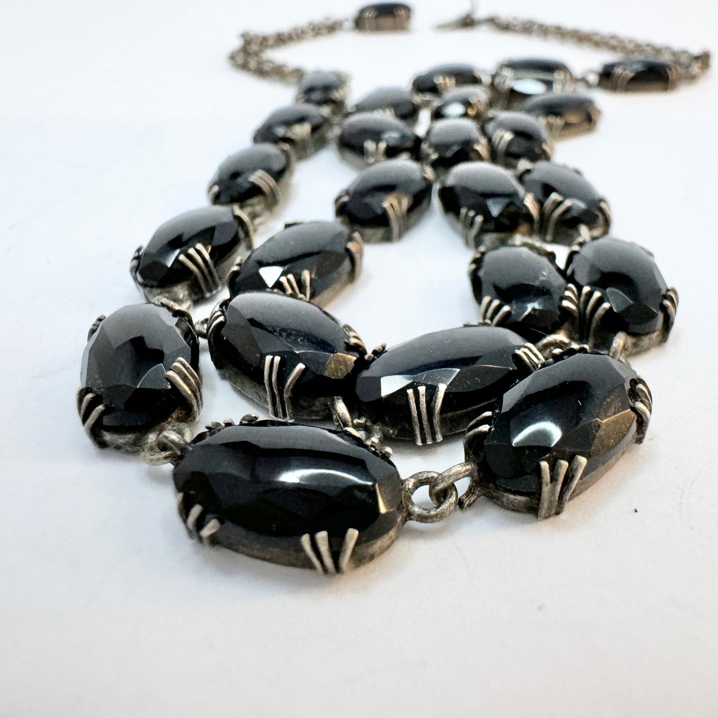 Sweden early 1900s. Antique Solid Silver Onyx Riviera Necklace.