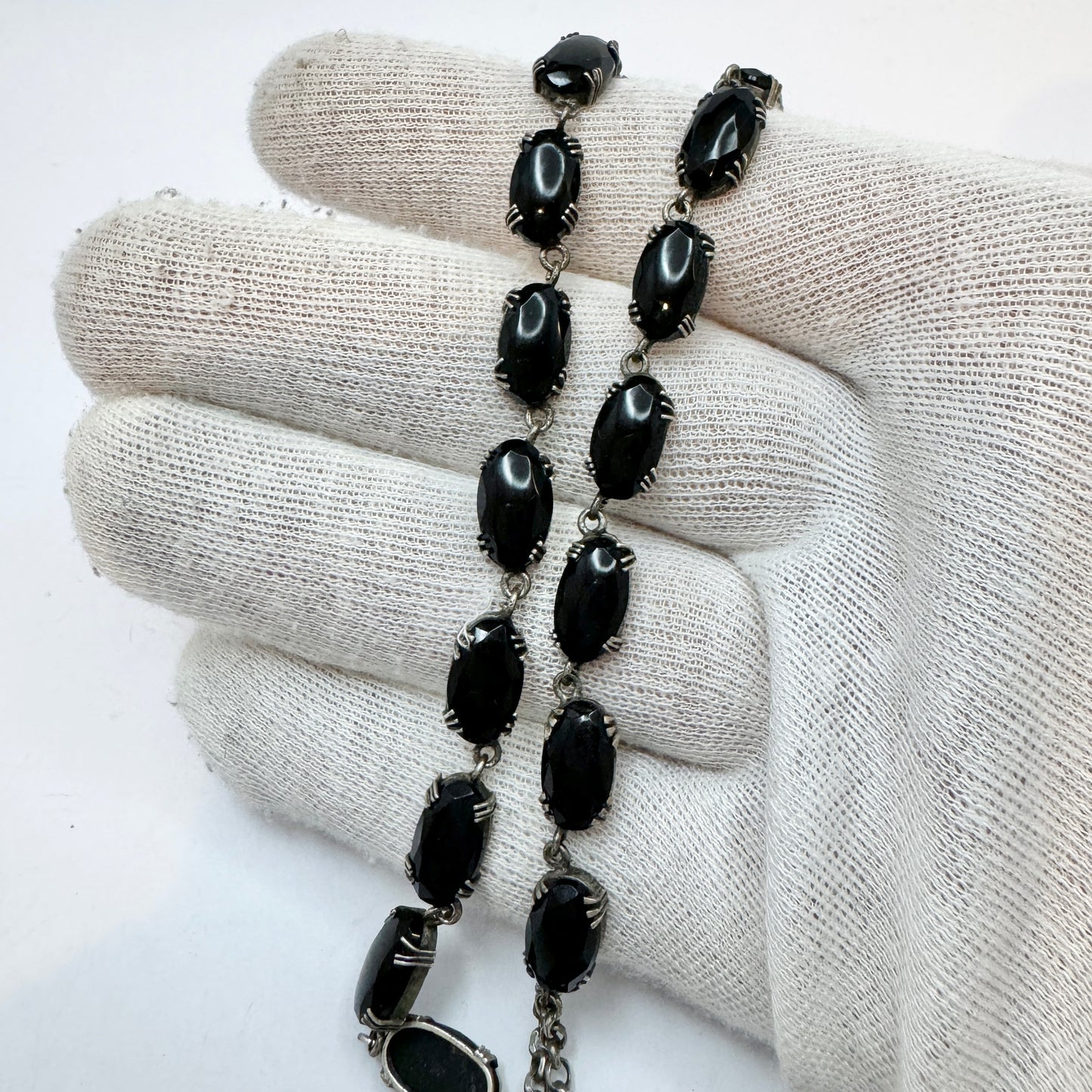 Sweden early 1900s. Antique Solid Silver Onyx Riviera Necklace.