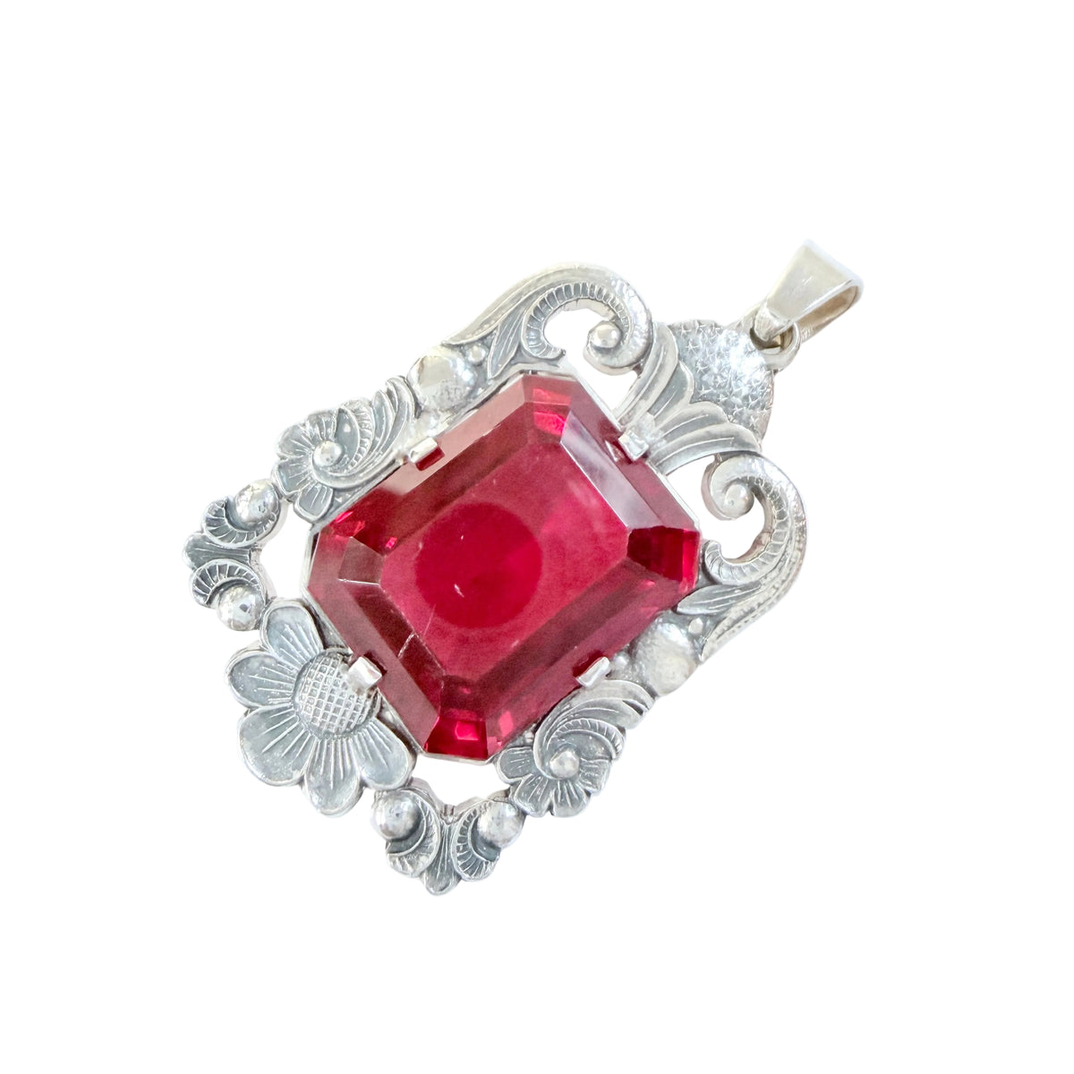 Per Emilson, Sweden 1948. Chunky Vintage Solid Silver Intense Red Glass Pendant.