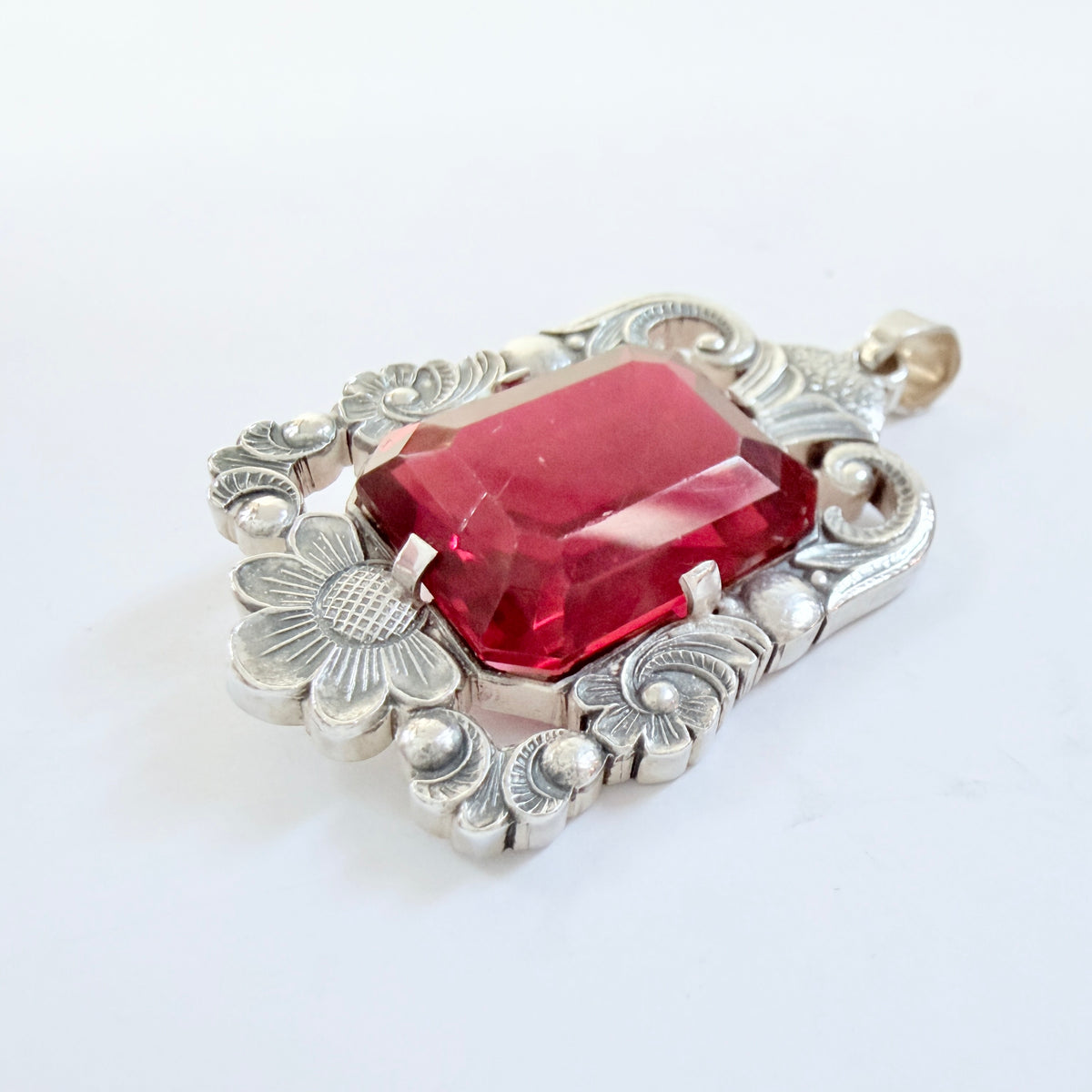 Per Emilson, Sweden 1948. Chunky Vintage Solid Silver Intense Red Glass Pendant.