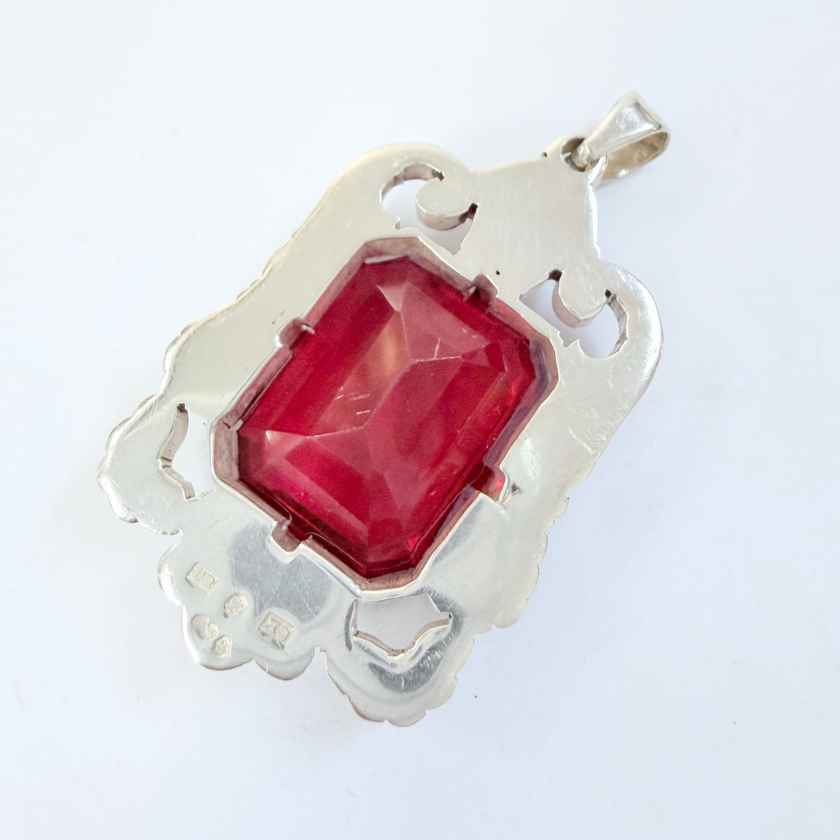 Per Emilson, Sweden 1948. Chunky Vintage Solid Silver Intense Red Glass Pendant.