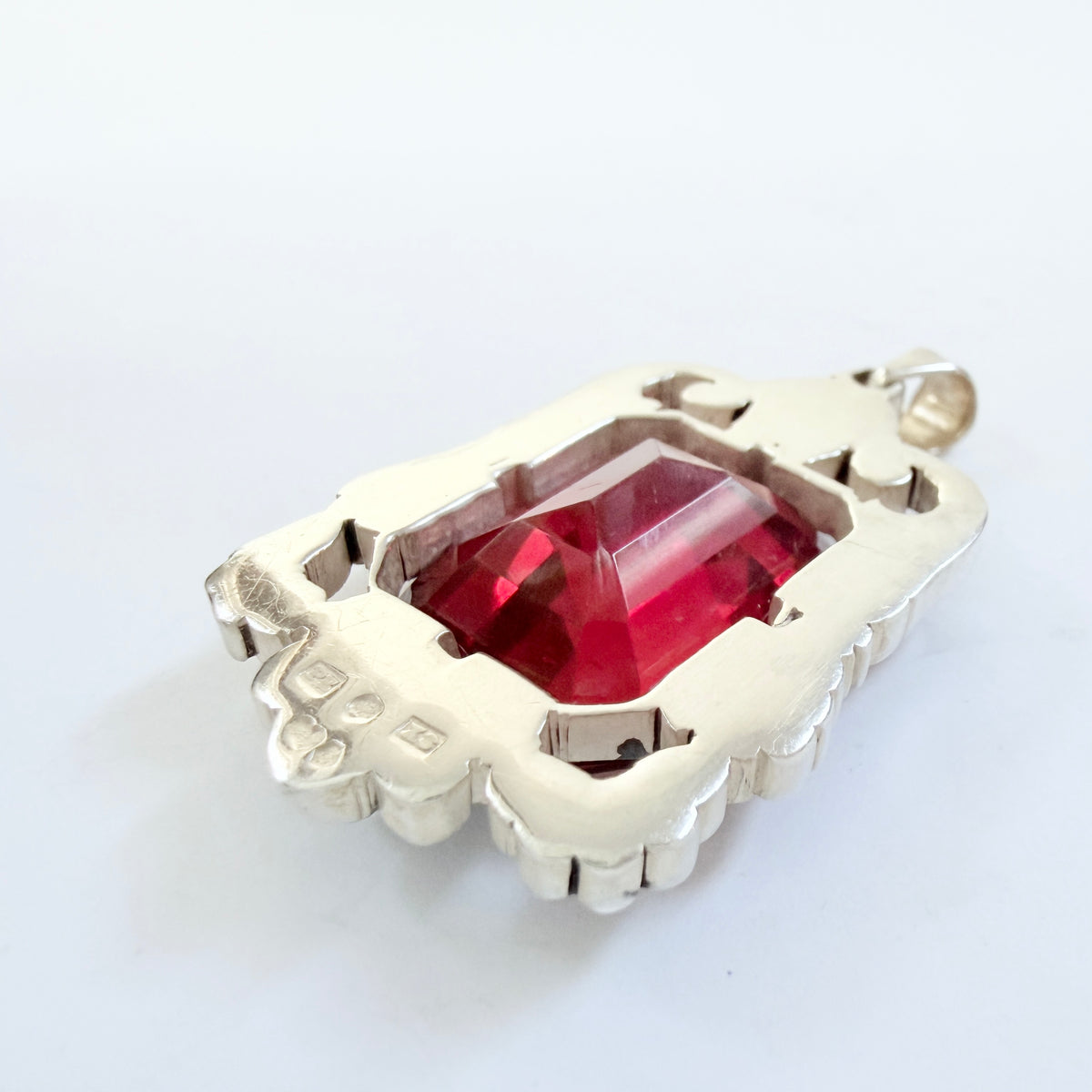 Per Emilson, Sweden 1948. Chunky Vintage Solid Silver Intense Red Glass Pendant.