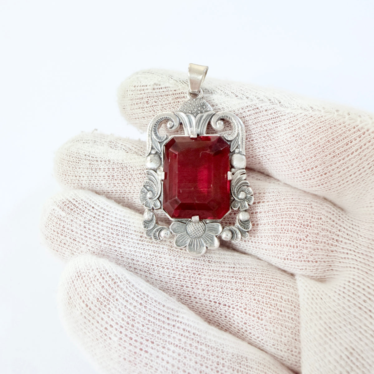 Per Emilson, Sweden 1948. Chunky Vintage Solid Silver Intense Red Glass Pendant.