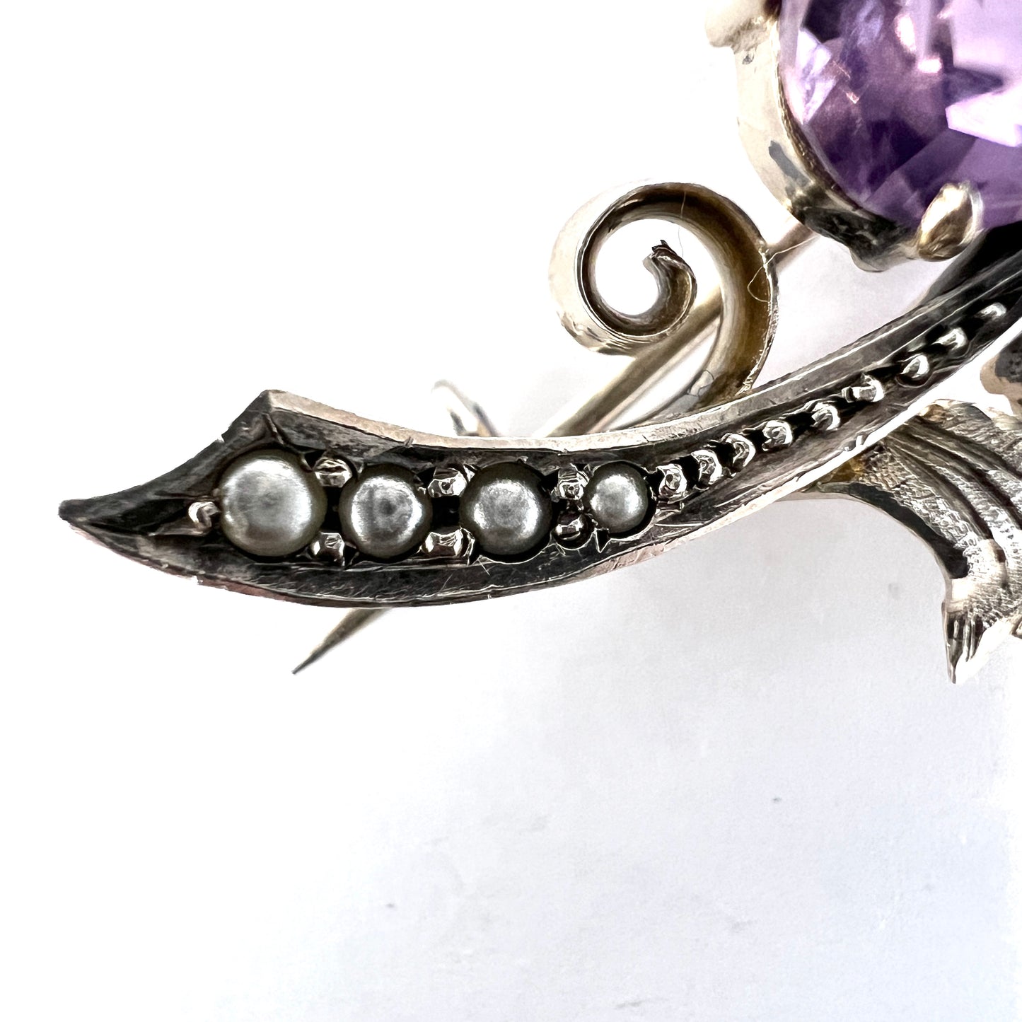 Antique c year 1900 Solid Silver Heart-Shaped Amethyst Seed Pearl Flower Brooch.