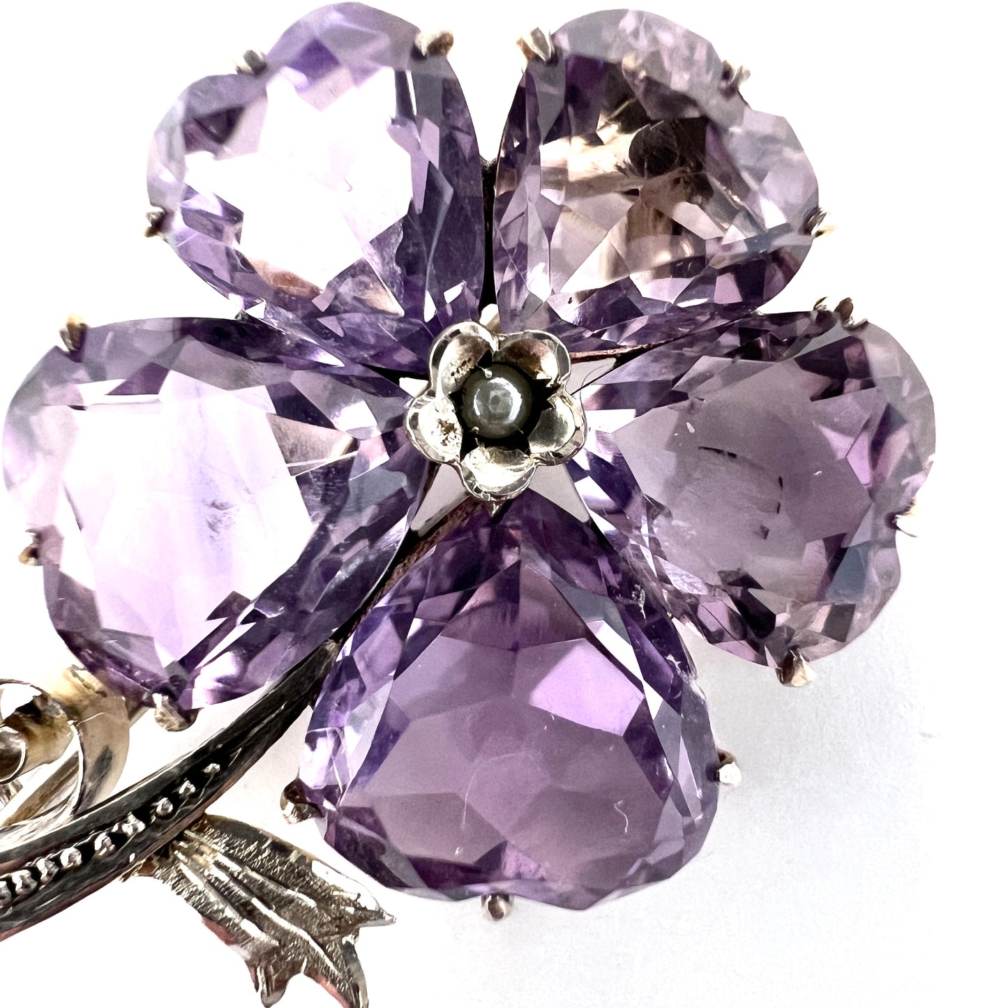 Antique c year 1900 Solid Silver Heart-Shaped Amethyst Seed Pearl Flower Brooch.