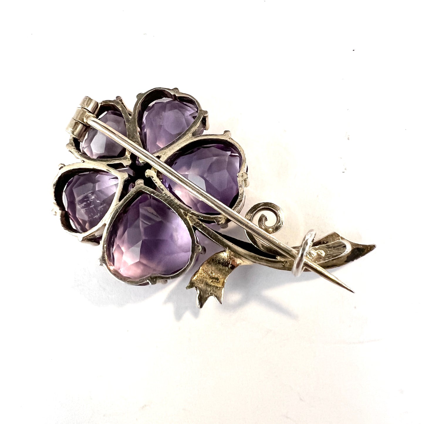 Antique c year 1900 Solid Silver Heart-Shaped Amethyst Seed Pearl Flower Brooch.