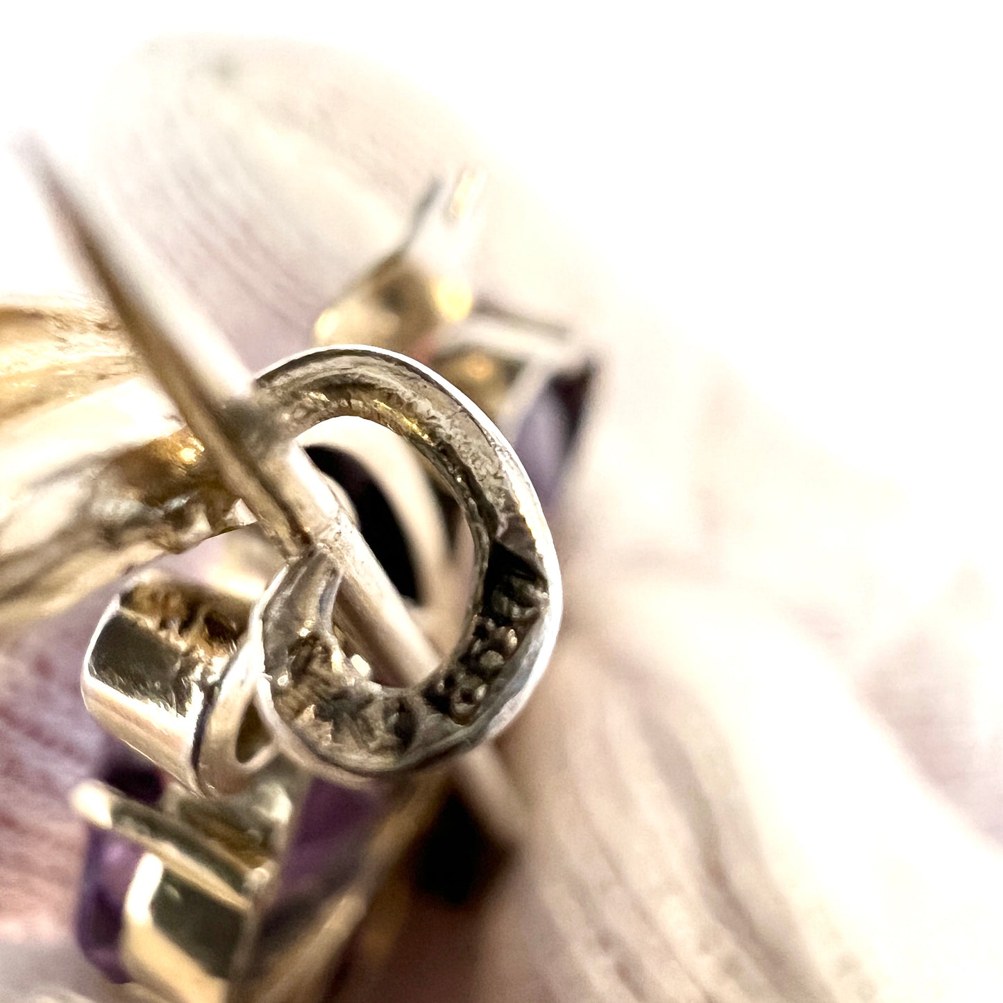 Antique c year 1900 Solid Silver Heart-Shaped Amethyst Seed Pearl Flower Brooch.