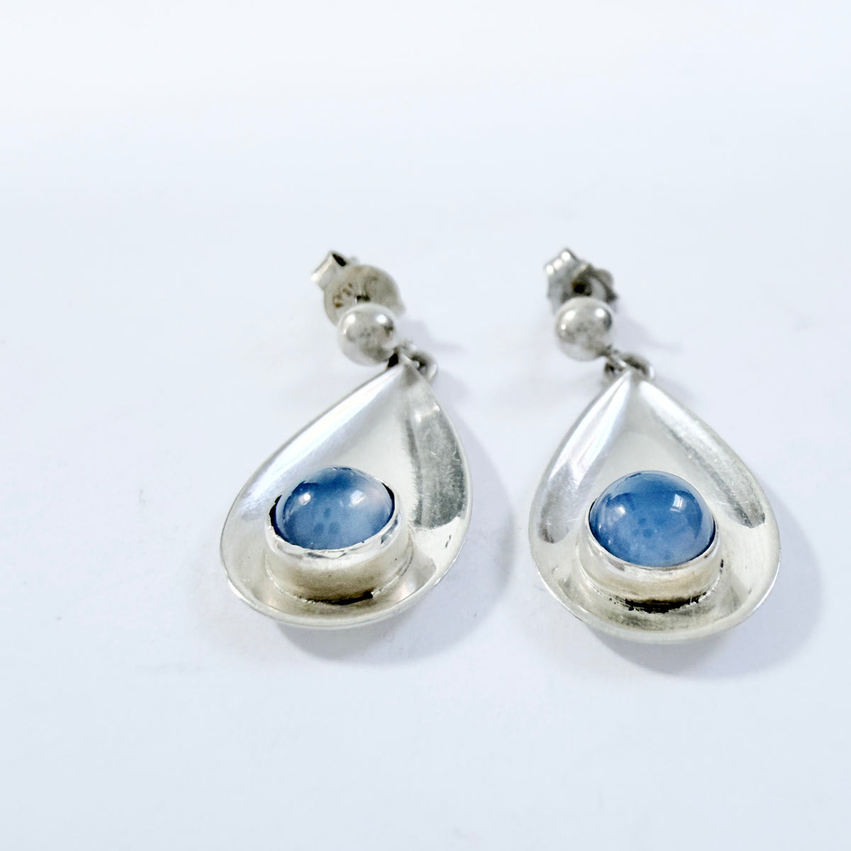 Sweden c 1960s. Solid Silver Chalcedony Earrings.