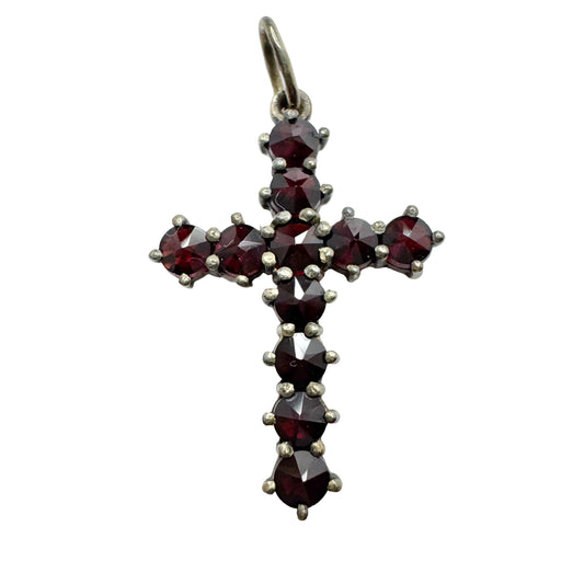 Early - Mid 1900s. Gilt Solid Silver Garnet Cross Pendant.