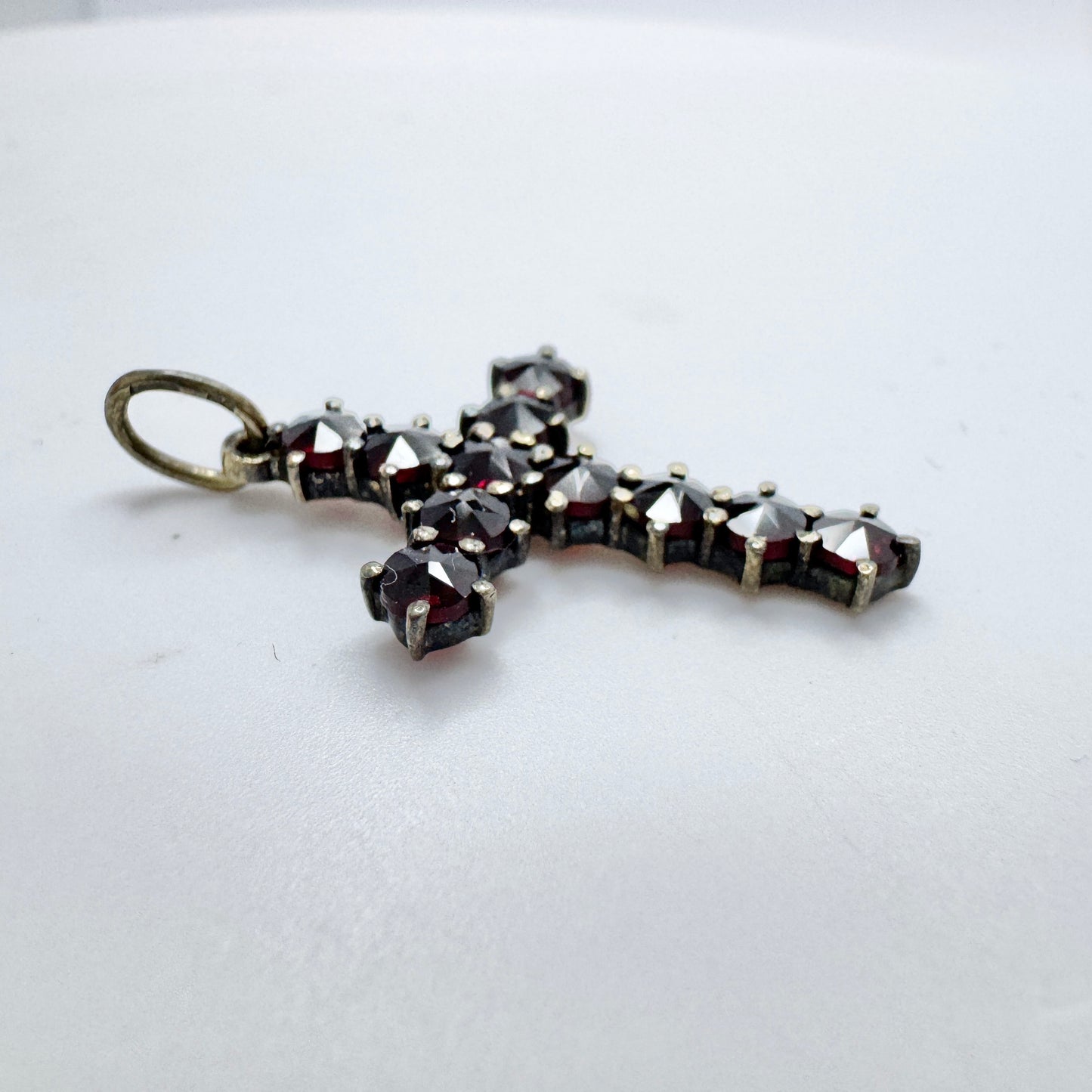Early - Mid 1900s. Gilt Solid Silver Garnet Cross Pendant.