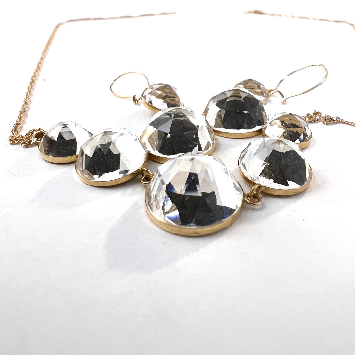 Guldfynd, Sweden. Vintage 18k Gold Foiled Glass Crystal Necklace and Earrings.