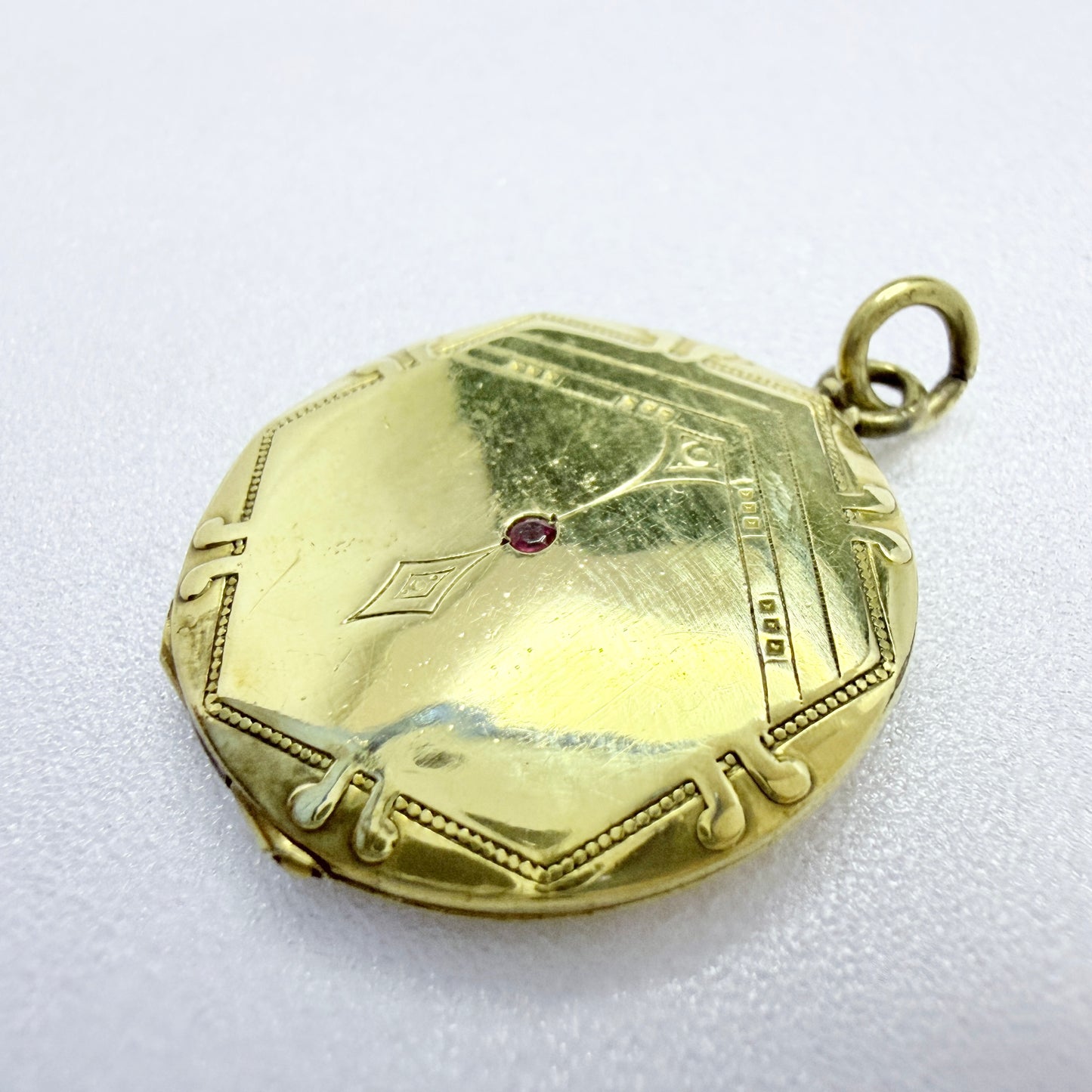 Antique Jugendstil Gilt Metal Ruby Locket Pendant.