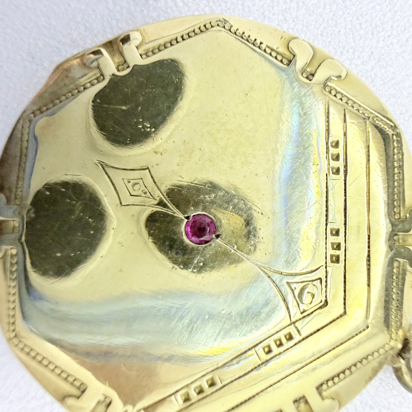 Antique Jugendstil Gilt Metal Ruby Locket Pendant.