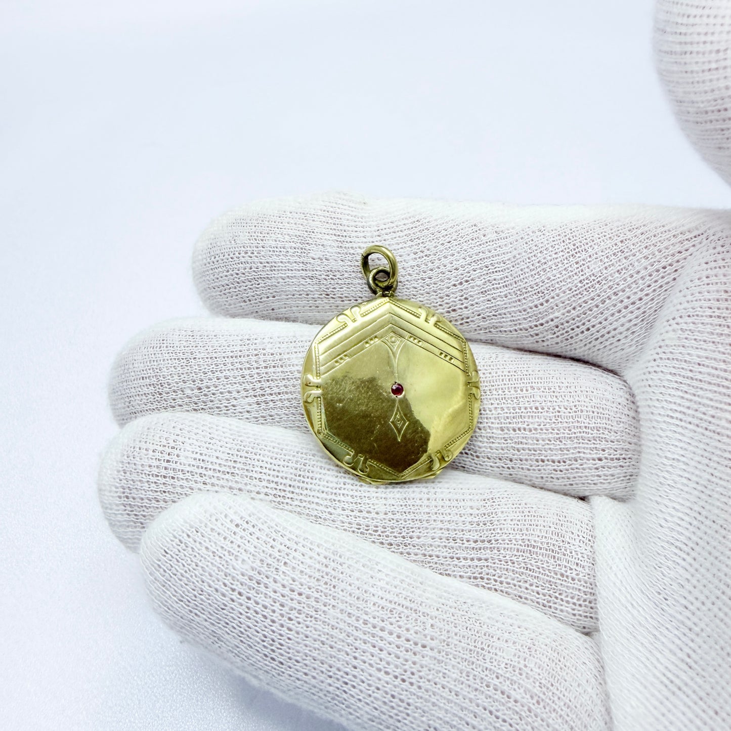 Antique Jugendstil Gilt Metal Ruby Locket Pendant.