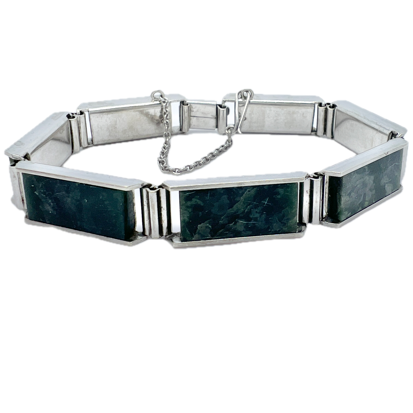 Maker ESP, Vienna Austria 1940-50s. Solid Silver Deep Forest Green Hardstone Bracelet.