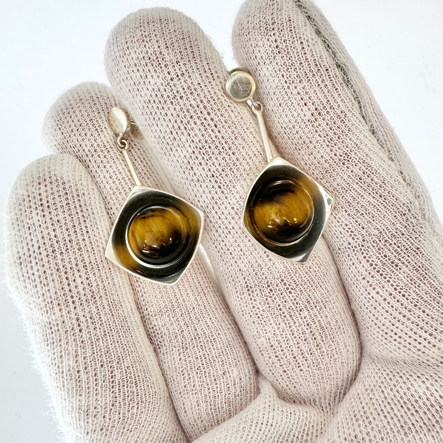 Alton, Sweden c 1970s. Vintage Sterling Silver Tiger's Eye Earrings.